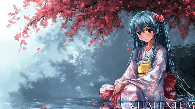 Quiet kimono girl resting under soft pink blossoms.