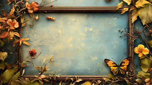Empty blue frame surrounded by autumn foliage and butterfly