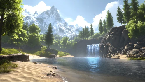 Alpine Waterfall Landscape with Cascading Peak and Verdant Forest