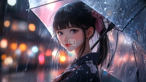 Girl holds transparent umbrella in rainy night city street