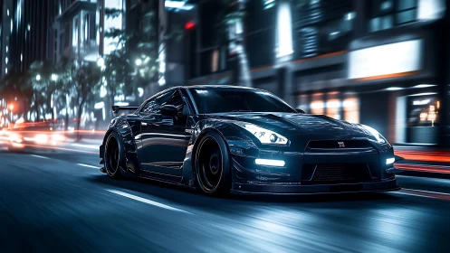 Black sports coupe on illuminated urban street at night.