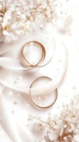 Gold wedding bands on ivory ribbon with soft white florals