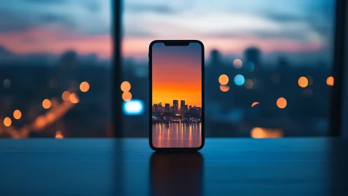 Smartphone displaying cityscape sunset over water surface