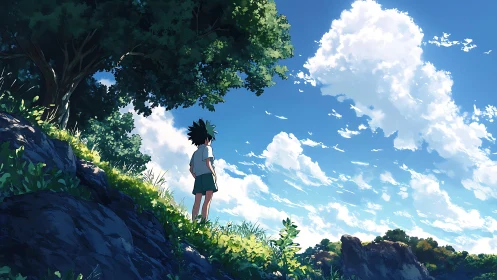 Boy beneath summer sky pauses on a sunlit hillside path.