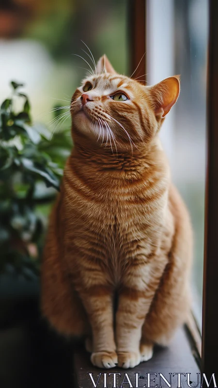Ginger Tabby Cat Displaying Upward Gaze in Residential Setting with Selective Focus