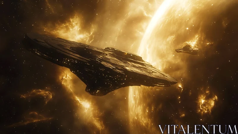 Massive star cruiser silhouettes orbiting a flaring golden sun