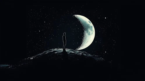 Solitary dreamer greeting a crescent moon in star-swept void.