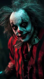 Clown figure with striped costume is lit by directional teal light