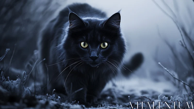 Black Cat in Snowy Landscape with Piercing Yellow Eyes