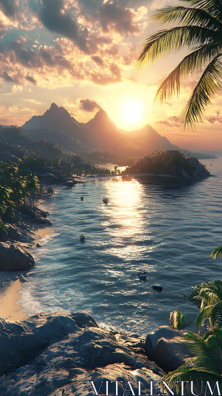 Tropical Paradise Sunset: Golden Hour Seascape with Volcanic Peaks.