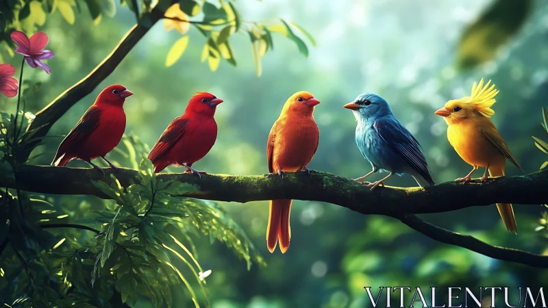 Colorful Songbirds Perched on Branch in Lush Digital Art Style.
