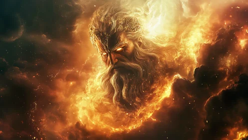 Cosmic fire god emerges from swirling celestial storm.