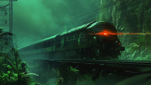 Futuristic train with red lights crossing misty jungle rail
