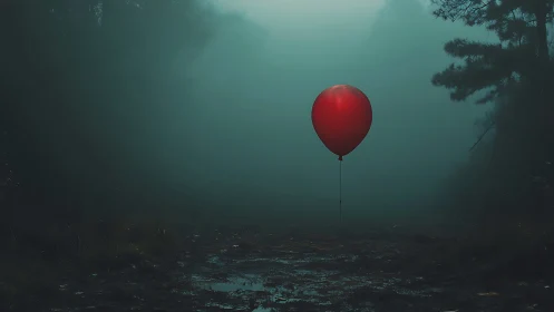 Solitary red balloon contrasts dense blue-green forest fog
