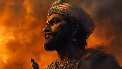 Regal warrior profile in flame-lit atmospheric portrait