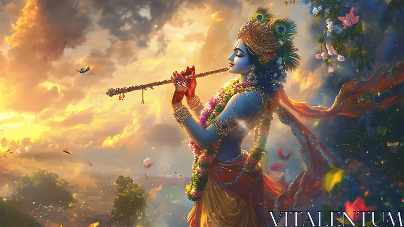 Divine blue deity playing flute under radiant sunset sky.