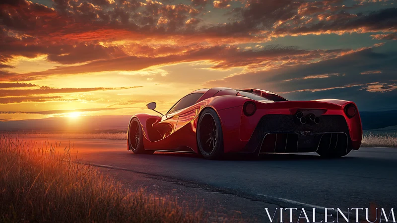 Red sports car on open road at sunset, rear perspective view.