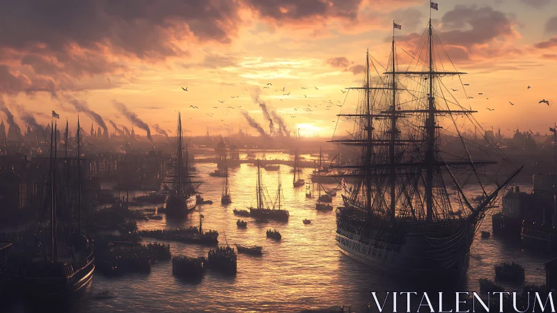 Golden-hour harbor skyline glows around tall sailing ships.
