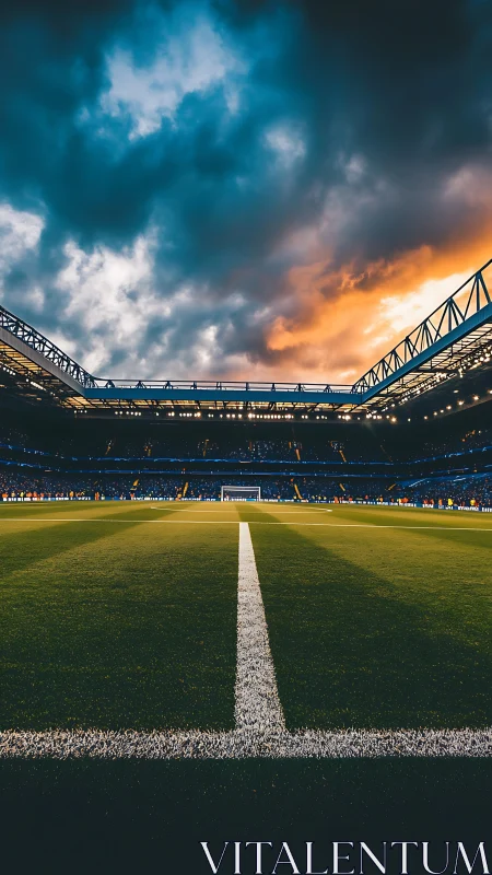 Football stadium pitch under dramatic sunset sky view.