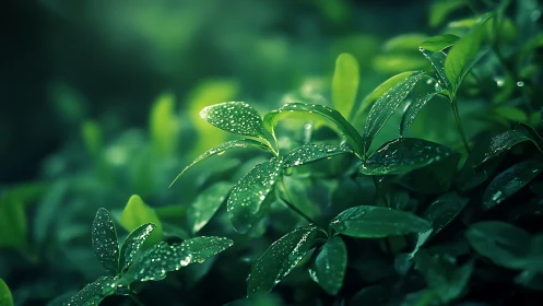 Macro leaf study captures dewdrops in luminous green bokeh