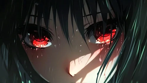 Anime close-up portrait with luminous red eyes and wet lighting.