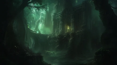 Ancient moss-covered temple rendered in moody green chiaroscuro