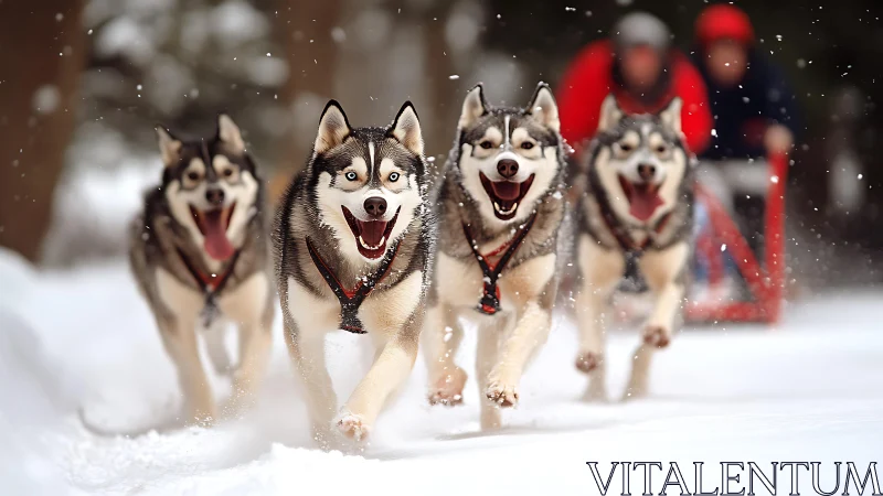 Snow-charged husky quartet sprinting like winter rockets.