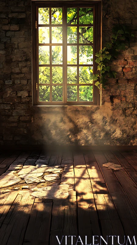 Sunlit ivy window casts dappled light on worn floor.