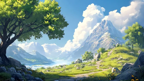 Sunlit valley path below distant snowcapped mountains.