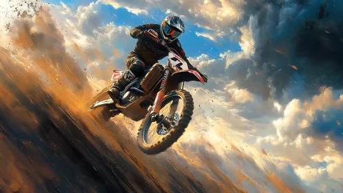 High-speed motocross jump with dynamic dust plume and clouds