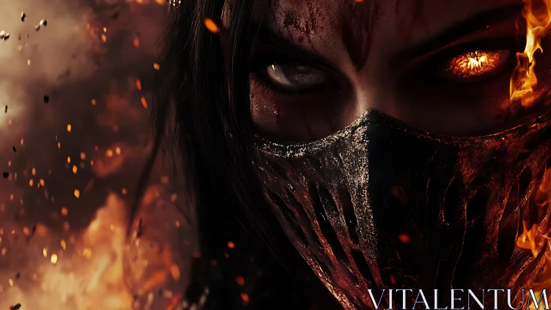 Fierce masked warrior framed by glowing, fiery embers.