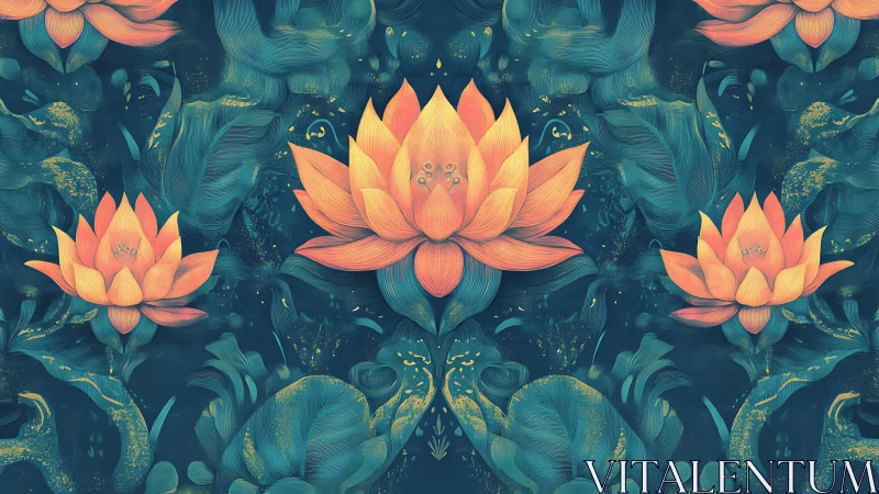 Coral lotus blooms glow over deep teal abstract foliage.