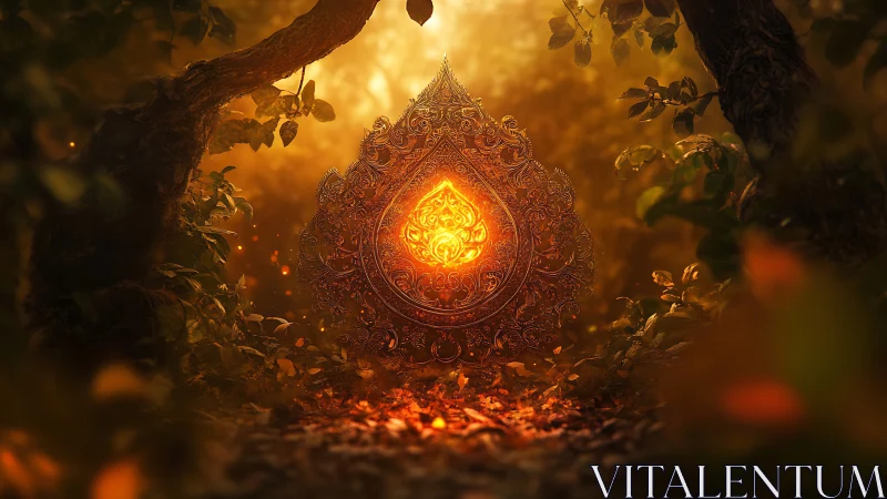 Glowing forest talisman cradled in warm twilight hush.