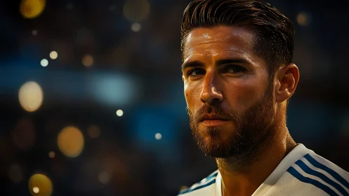 Close-up portrait of male footballer in stadium lights.