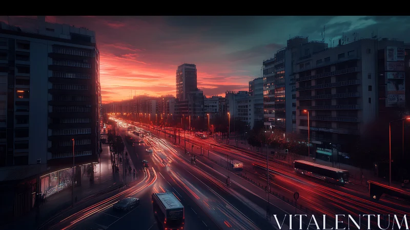 City boulevard burns with neon traffic under crimson dusk