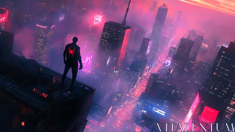 Silhouette in spider suit overlooks dense neon cityscape at dusk