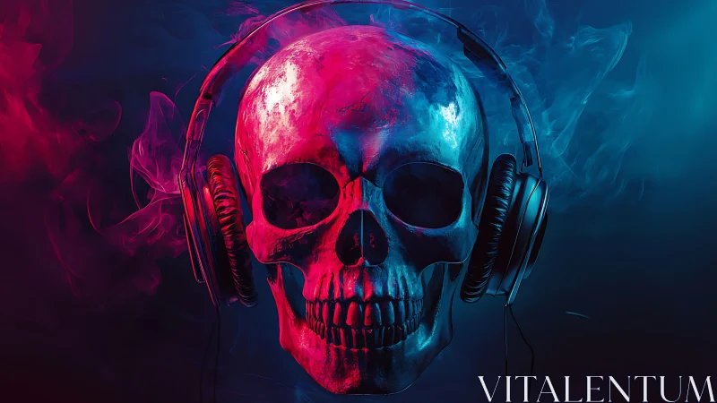 Human skull wearing headphones is lit by dual colored lighting