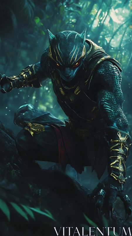 Bioluminescent panther warrior in mist-laden rainforest ambush.