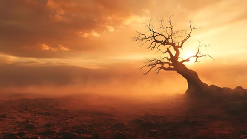 Lonely desert tree stands against blazing sunset sky.