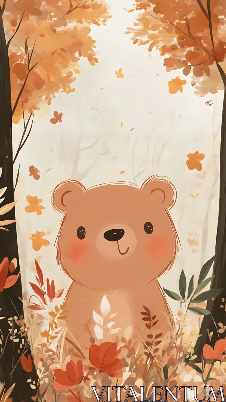 Autumnal forest vignette with stylized bear character centroid.