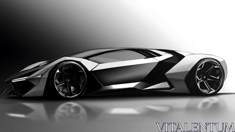 Futuristic low-slung sports car rendered in high contrast profile
