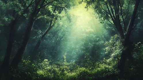 Sunlit Forest Cathedral: Ancient Trees and Ethereal Light.