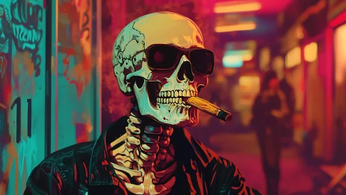 Skeleton with sunglasses smokes cigar in neon city alley