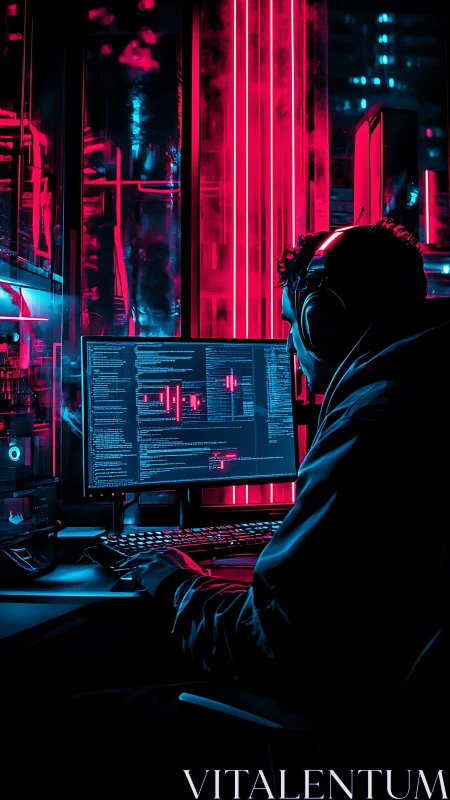 Late night coder wrapped in neon city glow at work.
