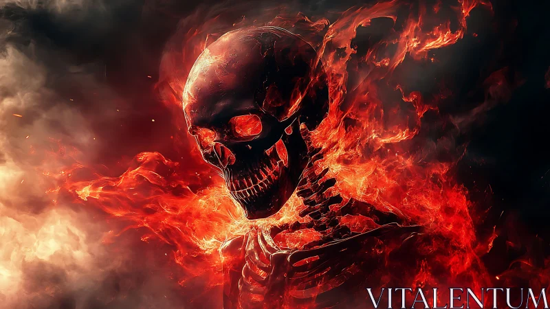 Flaming skeletal figure erupts from darkness in molten firestorm.