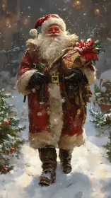 Classic Santa walking through snowy Christmas street scene.