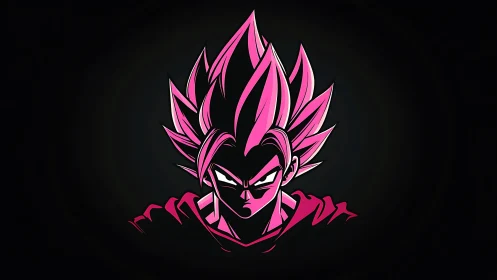Neon pink spiky haired anime warrior head on black field