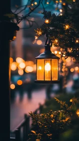 Warm street lantern with festive bokeh and foliage glow.
