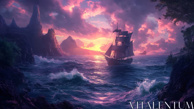 Sunset tall ship sailing through luminous tropical seascape.