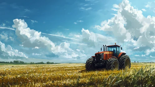 Red tractor stands in harvested wheat field under wide sky